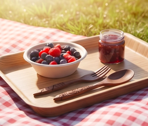 Juego de cubiertos modernos de madera con diseño de mangos tallados tradicionales, cubiertos reutilizables para uso en camping, utensilios de cocina y hoteles. - Product Image 2