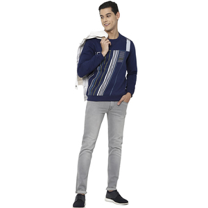 Sweat-shirt unisexe à col rond en molleton tricoté uni, coupe classique, décontracté, bleu marine, manches classiques, 100% coton - Product Image 3