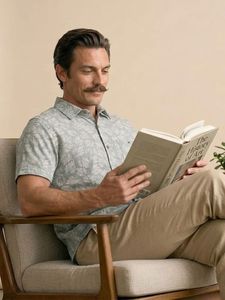 Enovate Men's Double Breasted Short Sleeve Casual Shirt <b>Light</b> Green <b>Leaf</b> Print Poplin Breathable Turn-down Collar Summer Style - Product Image 1