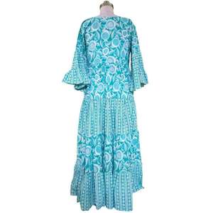 Robe maxi en coton durable à imprimé bloc pour femmes, robe ample de style bohème, col rond, robe décontractée - Product Image 3