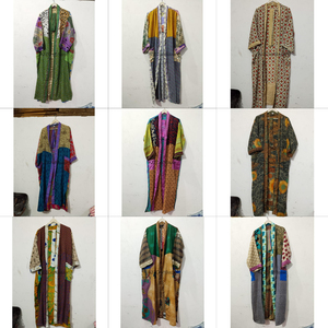 Handmade Luxury Elegant Patchwork 100% Pure Silk Women's Kimono Robe Boho Duster Jacket Beach Cover-Up V-neck Drawstring - Product Image 1