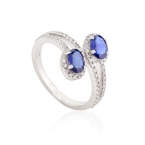14K Solid <b>Gold</b> Oval Sapphire Diamond Bypass <b>Cocktail</b> <b>Ring</b> for Women - Product Image 4