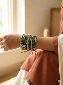 Premium Gold Plated Trendy Multi-Tone Glass & Pearl <b>Bangle</b> <b>Set</b> Ombre Finish Glitter Accents Traditional Wedding Wholesale Bulk - Product Image 6