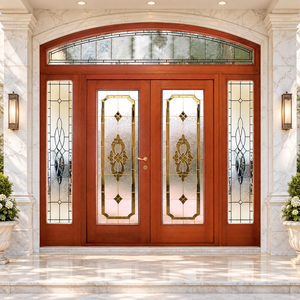 Portes d'entrée doubles en bois massif sur mesure GA-52 – Panneaux en verre teinté et transom cintrée - Product Image 2