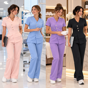 Nuevo Conjunto de Uniforme de Enfermera Ecológico con Botones Tejidos, Unisex, con Detección de Agujas, Top con Cuello en V + Pantalones, Conjunto de Dos Piezas, Conjunto Moderno - Product Image 2