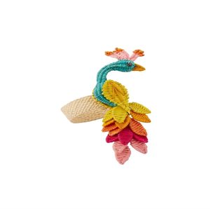 Anneau de serviette en raphia tissé à la main, coloré, avec détails de plumes multicolores vives, disponible à prix de gros. - Product Image 1