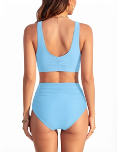 Lite Blue High Waisted Bikini Set Two Piece Swimsuit Tummy Control <b>Cross</b> Wrap Crop <b>Top</b> Bathing Summer Beachwear High Quality - Product Image 2