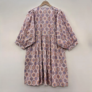 Robe midi décontractée en coton pour femme avec manches ballon - Robe d'été style babydoll taille empire - Tunique ample 100 % coton à col en V - Product Image 4