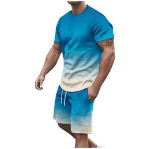Ensemble T-shirt et short dégradé bleu pour homme – Tenue décontractée d'été à séchage rapide en polyester tricoté – Vêtements de sport – Prix de gros - Product Image 1