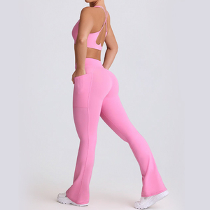 Custom Wholesale Pink Workout Set Activewear Cross Strappy Sports Bra High Waist <b>Flare</b> <b>Leggings</b> Yoga Gym Fitness Clothing OEM - Product Image 6