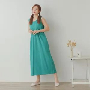 Women Organic Cotton V-Neck High Waist Breathable Plain Dyed Midi Bell Sleeve Slim A-Line Plus Size Minimalist Daily Wear Dress - Product Image 3