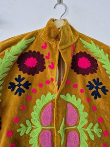 Handmade <b>Yellow</b> Velvet Suzani Embroidered Jacket with Floral Print Full Sleeve Stand Collar Bohemian Women's Winter <b>Coat</b> - Product Image 6