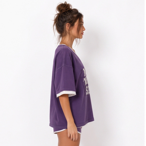 V Neck Short Sleeve Double Layer T Shirt Ladies Cotton Polyester Tee <b>Top</b> Embroidered Double Layer T-Shirts Women's V Neck Tee - Product Image 3