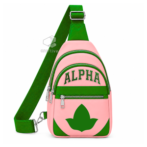 Alpha | Kapa | Alpha Sorority Pink <b>Green</b> Color Block PU Leather Crossbody Bag Adjustable Strap Multi-compartment Sling <b>Backpack</b> - Product Image 1
