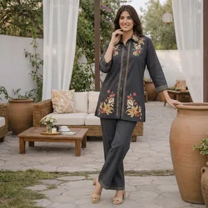 Ensemble en coton gris brodé pour femmes, manches trois quarts, pantalon long, style bohème, tenue printemps-été - Product Image 5
