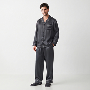 Ensemble de pyjama 100% soie pour homme, pyjama en satin décontracté à manches longues, pyjama d'hiver à jambes larges, col rabattu boutonné, pyjama pour homme - Product Image 1