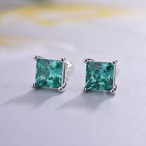 Teal Princess Cut Moissanite Stud <b>Earrings</b> Velaboo 925 Silver Minimalist Square <b>Earrings</b> Daily Wear <b>Fine</b> Jewelry Gift for Her - Product Image 2