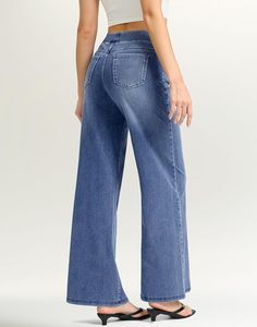 High Waist Wide wax Leg Denim Pants Loose Fit Solid Color <b>Elastic</b> Waist Casual <b>Jeans</b> With Pockets - Product Image 4