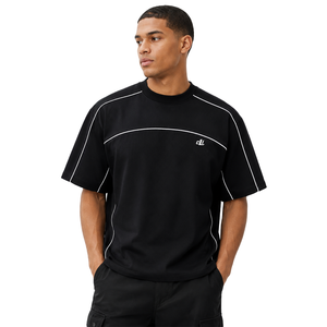 <b>Y2K</b> Trend Contrast Piping Black T-<b>shirt</b> Relaxed Fit Heavyweight Cotton Casual Men's <b>shirts</b> Custom Branding OEM Bulk Streetwear - Product Image 1
