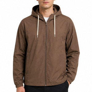 Veste coupe-vent athlétique légère et résistante à l'eau pour homme, couleur marron unie, à capuche et fermeture éclair, pour activités de plein air - Product Image 1