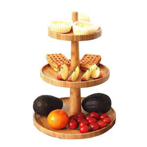 Plateau de service rond en bois à 3 niveaux, présentoir à collations en bambou, support pour fruits et desserts pour la maison et les fêtes - Product Image 1