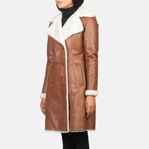 Abrigo de Cuero Genuino para Mujer, Estilo Gabardina, Doble Botonadura, Largo, Transpirable, Resistente al Viento, Cuello Alto, Forro de Poliéster, Cálido para Invierno, Casual - Product Image 3