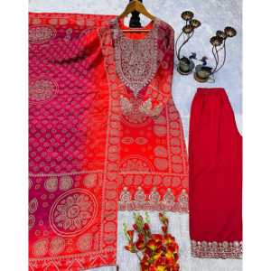 Impresionante Conjunto Elegante de Top, Pantalón y Dupatta de Tela Satinada para Fiesta - Product Image 1