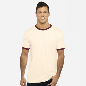T-shirt à manches courtes pour homme en crème avec bordure contrastée bordeaux, coupe classique, jersey décontracté en coton, col rond, couleur unie - Product Image 1