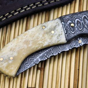 Cuchillo de caza de acero de Damasco con hoja dentada de punta caída y mango de hueso, con perilla para el pulgar, OEM disponible - Product Image 3