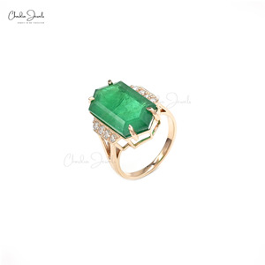 Bague de cocktail de luxe en émeraude zambienne et diamants, or rose massif 14 carats, 9,93 carats au total, sertie à griffes, livraison rapide, bague de fiançailles - Product Image 1