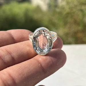 Oval Cut <b>Crystal</b> Cocktail <b>Ring</b> 925 Silver Bezel Setting Classic Unisex Everyday Wear Jewelry - Product Image 4
