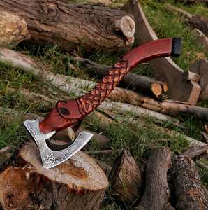 Wholesale Handmade Custom Premium High Carbon Steel Viking <b>Axe</b> with Hand Carved <b>Wooden</b> Handle Leather Grip Fine Leather Sheath - Product Image 3