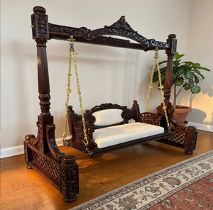 Elegant dark wood swing featuring a protective canopy roof and striped upholstery <b>cushions</b>, available at wholesale prices. - Product Image 4