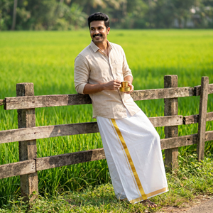 Ensemble Mundu en coton blanc pour homme, chemise à manches courtes, jupe traditionnelle, tenue ethnique, tenue décontractée pour cérémonie, toutes saisons - Product Image 2