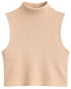 Top Corto Personalizado Beige Acanalado de Cuello Alto Sin Mangas para Mujer, Ajuste Delgado, Elástico, Casual, de Verano, Camiseta sin Mangas, Chaleco Básico de Moda - Product Image 1