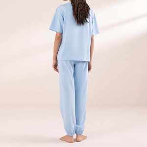 Comfortable 100% Organic Cotton Two Piece Women's Sleeping Suit Set Custom Logo Plain Oversized T Shirt And Pajama Set - Product Image 3