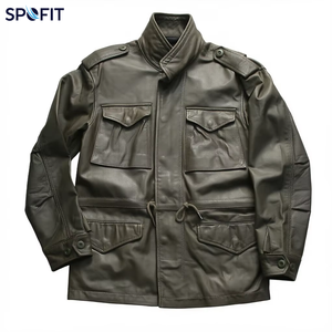 Veste d'hiver décontractée pour homme en cuir de vache véritable, noire, col montant, fermeture éclair, à capuche, matelassée, grande taille, en cuir véritable - Product Image 1