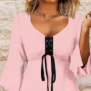 Oferta especial en blusa de moda para mujer de Temu, con cuello en V, cordones en la parte delantera, mangas acampanadas, dobladillo asimétrico, estilo casual y holgado para el fin de semana. - Product Image 6