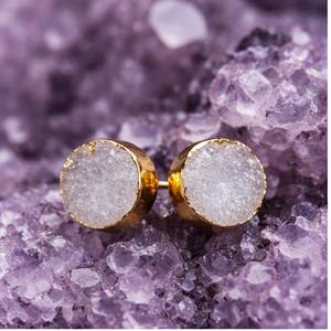 Natural Druzy Quartz Round Stud <b>Earrings</b> Gold Electroplated Bezel Set Crystal Stone Jewelry - Product Image 4