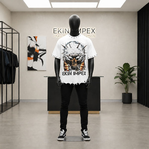 Custom White Oversized T-Shirt Men 3D <b>Skull</b> Print Streetwear Hip Hop Tee with Metal Studs Rivets Distressed Raw Hem Heavyweight - Product Image 3