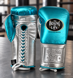 No Boxing No Life Leather Boxing <b>Gloves</b> Teal <b>Silver</b> Lace-Up Breathable Top-quality Training <b>Gloves</b> for Adults Made in Pakistan - Product Image 4