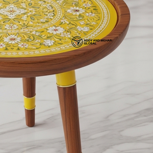Modern Yellow Meena Design <b>Round</b> Wooden <b>Stool</b> – Artistic Home Decor Accent Furniture - Product Image 4