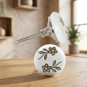 Porcelain Cabinet <b>Knob</b> Round Floral Design Modern Style Kitchen Dresser Handle Durable <b>White</b> with Brown Flowers - Product Image 5
