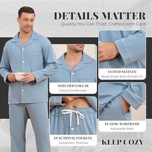 Long Sleeve Men Night Suit Button Front Lapel Collar Long Pants Set Elastic Waist Soft Warm Winter Pajamas - Product Image 3