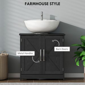 Mueble de Baño Prefabricado con Lavabo Pedestal Estilo Rústico Negro Desgastado, 2 Puertas Corredizas y Estante Ajustable - Product Image 5
