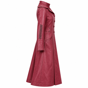 Manteau long en cuir rouge cramoisi pour femme, style trench, à revers crantés et boutonnage frontal, Fourniture OEM ODM - Product Image 3