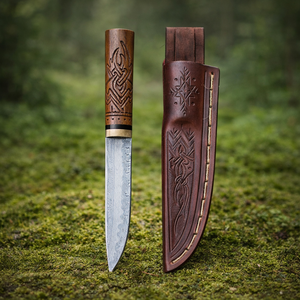 Couteau de camping Viking fait main, lame en acier à haute teneur en carbone, style médiéval nordique, cadeau EDC, manche en bois, fourreau en cuir gravé - Product Image 5