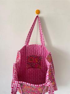 Bolso Tote de Algodón Acolchado con Estampado Floral Rosa Bohemio, Bolso de Compras Casual Abierto con Estampado a Mano para Mujer - Product Image 5