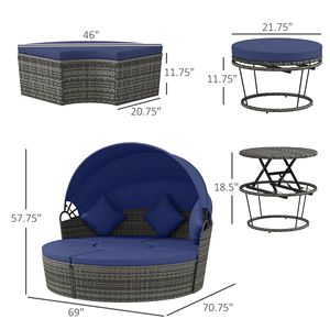 Set da Giardino in Rattan Blu a 4 Pezzi: Divano Letto da Esterno con Baldacchino, 2 Sedie, Tavolo Allungabile e Pouf, Include Cuscini - Product Image 3