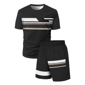 Ensemble de sport d'été pour homme, 2 pièces, t-shirts à manches courtes et shorts, 100% coton écologique, style streetwear, col en V, pour la gym et l'entraînement - Product Image 1